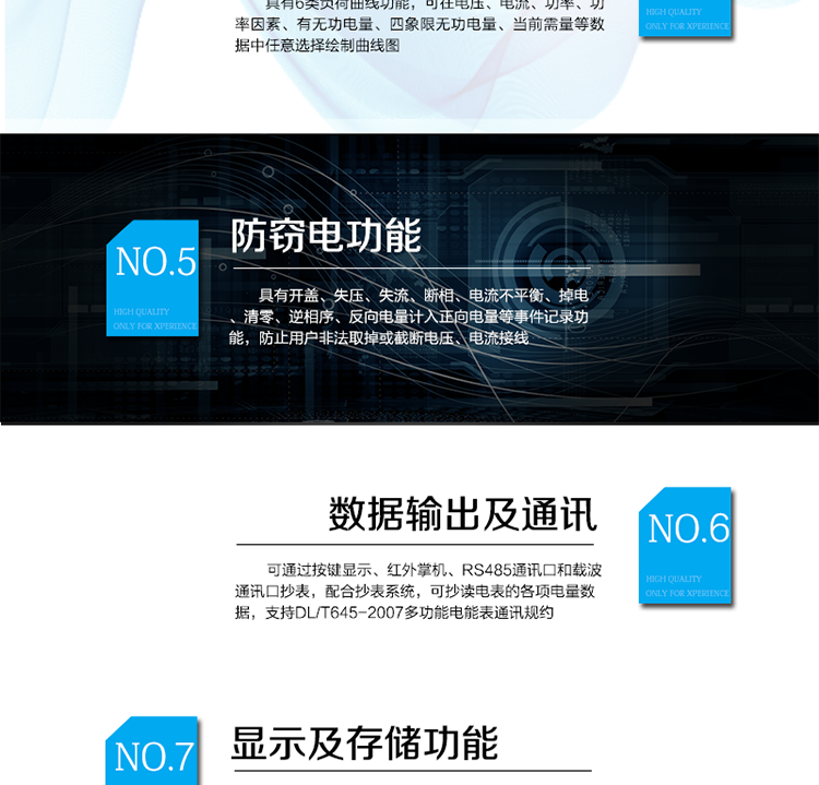 　主要功能
　　電能計量功能
　　可分時計量有功、無功、正向有功、反向有功、正向無功、反向無功電量和四象限無功等電量。
　　最大需量測量功能
　　可測量雙向有功、雙向無功和四象限無功的最大需量及其發生時間。
　　參數測量監視功能
　　可監測各相電壓、電流實時值，三相總及A、B、C各相有功功率、無功功率、功率因數、相角、相位等實時參數。