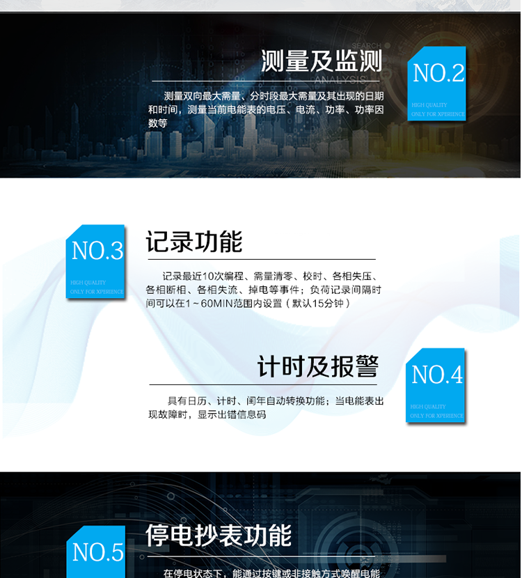 產(chǎn)品特點
采用專利技術開關電源供電，寬電壓工作范圍
采用獨有的抗浪涌措施，防雷性能強
功耗低，整機功耗<=1W、2VA，溫升低，整機壽命長
抗過壓能力強，避免接錯線或弄錯電壓等級而損壞電表，且能支持高過載倍數(shù)
板間無接插件，連接可靠；主機經(jīng)過三防處理，能適應復雜氣候，提高了整機壽命和平均無故障工作時間
采用雙物理器件存儲參數(shù)、計費電能數(shù)據(jù)；每個物理器件內(nèi)數(shù)據(jù)保存三份，確保在強干擾環(huán)境中參數(shù)和計費數(shù)據(jù)完整、可靠
接口功能豐富：可提供雙路RS485接口，雙路負荷報警接口，四路電能脈沖輸出，一路時鐘脈沖輸出，停電抄表輸入
豐富的軟件模塊，功能擴展方便，可擴展電壓及功率因數(shù)合格率等電能質量數(shù)據(jù)、可存儲半年以上的大容量負荷曲線數(shù)據(jù)等
采用模塊化設計，GPRS/CDMA模塊與計量模塊獨立，安裝方便，可后期擴充
采用業(yè)內(nèi)先進的GPRS/CDMA模塊，可快速安全的實現(xiàn)數(shù)據(jù)連接，永久在線
可以當?shù)?遠方修改參數(shù)，并且支持當?shù)?遠方軟件在線升級
支持GPRS、CSD、SMS、CDMA等通訊方式，并支持VPN虛擬專網(wǎng)及公網(wǎng)等多種組網(wǎng)模式
采用超級電容和鋰電池兩種停電后備方式，保證停電報警功能可靠
綜合防竊電功能：
    硬件方面：采用防竊電外殼，并有相應的施封點，用電戶在不破壞鉛封的前提下，無法改動電壓電流線，也無法對編程按鍵操作來改動電表參數(shù)
    軟件方面：三級密碼防護
在線實時監(jiān)測，并通過用電異常信息的記錄及主動上傳（通過GPRS/CDMA網(wǎng)絡上傳失壓、斷相、掉電/上電、過壓等異常事件）進行防竊電報警
電表自檢信息記錄及上報（硬件故障、時鐘故障、電池電壓低等）